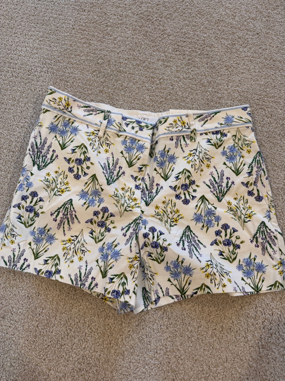 LOFT White Floral Bermuda Shorts with Blue, Purple & Yellow Print
